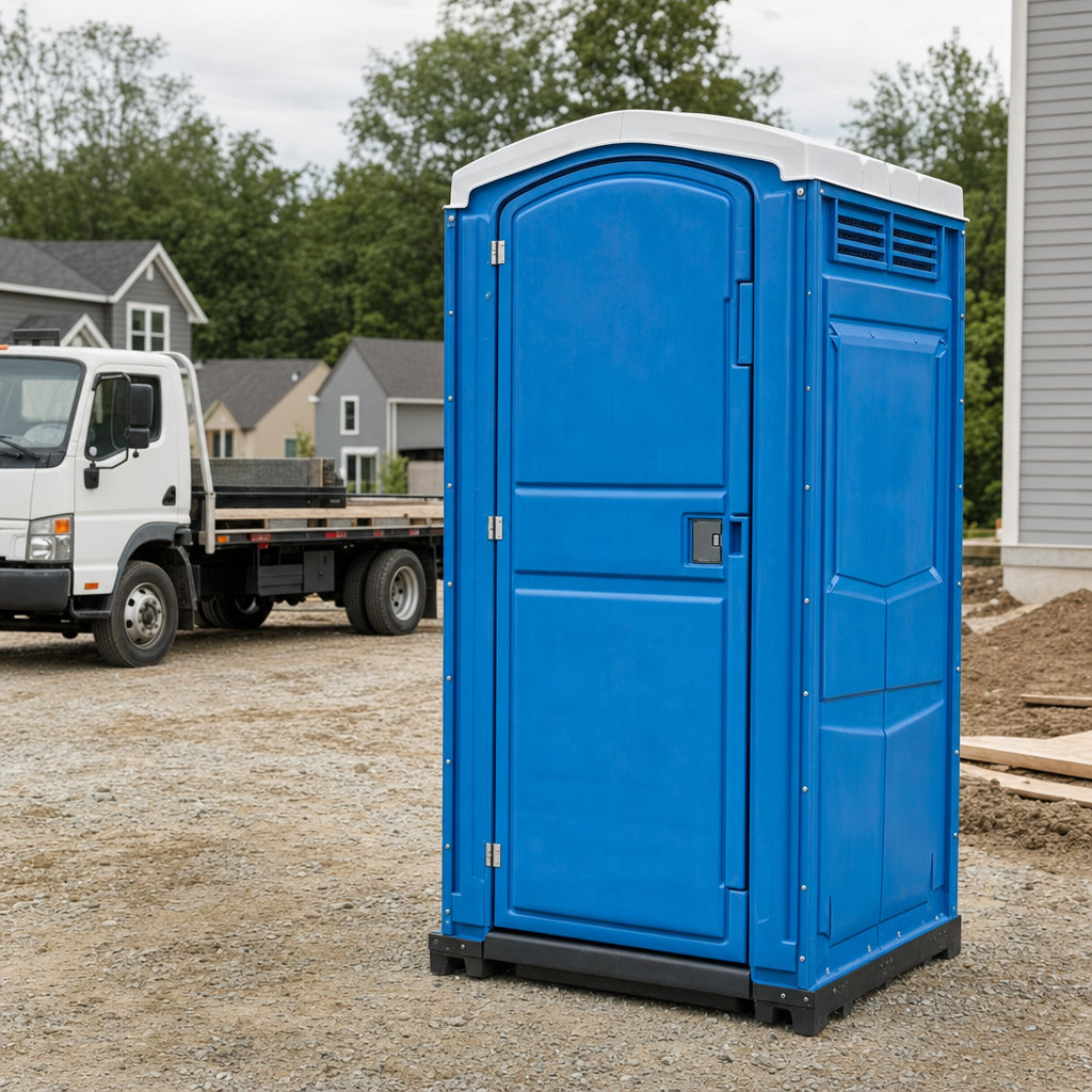 Delivery driver positioning a clean royal-blue portable toilet on level ground at a Hartford worksite